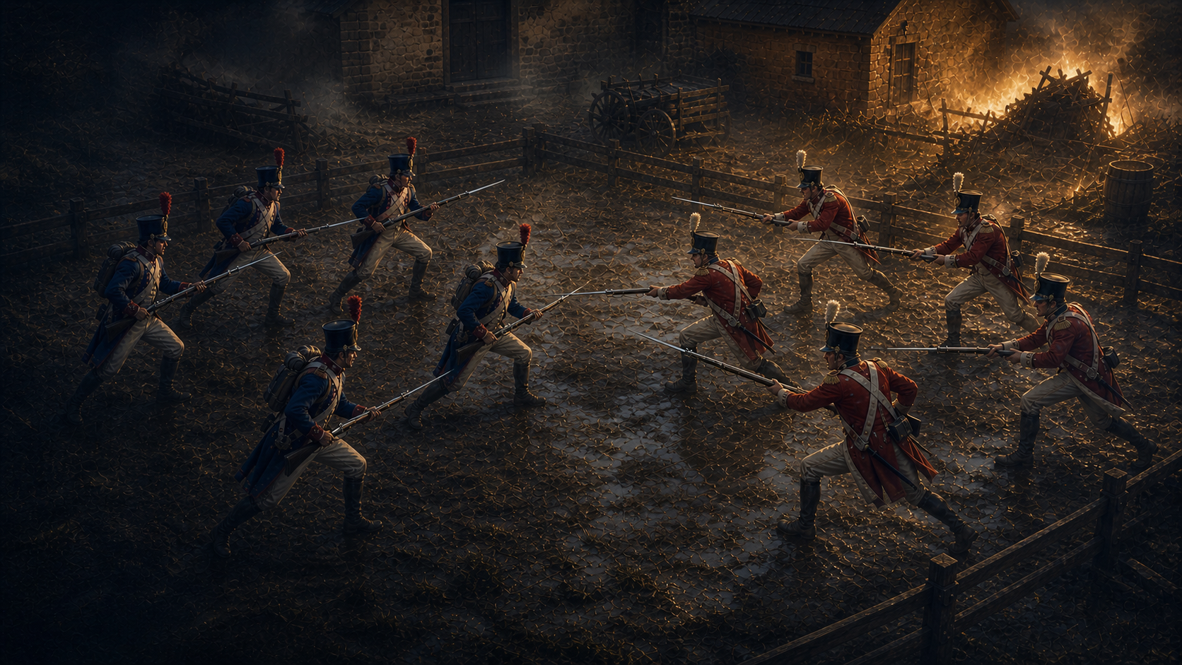 Five French infantry face five British infantry in a cinematic bayonet fight inside a square arena